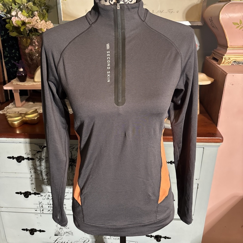 Second Skin Womens Medium Gray Peach 1/4Zip ShirtTop Stretch Running